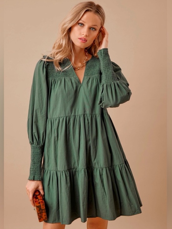 Pomander Place Dresses & Skirts - Pomander Place Ceci Smocked Long Sleeve Green Tiered Mini Dress Sz M 100% Cotton
